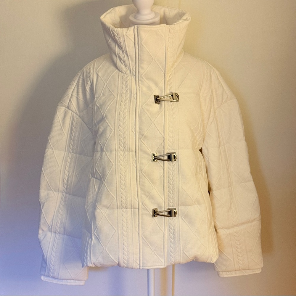 Ellassay White Down Puffer Jacket with Metal Toggle Closure